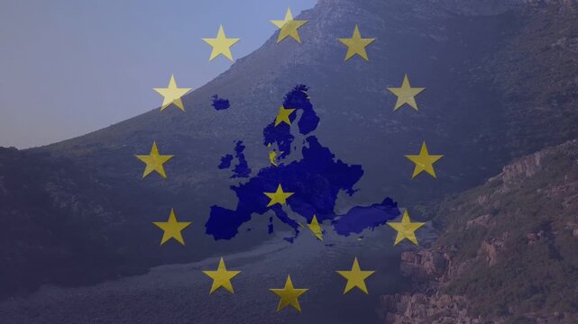 Soft fade starting blue Europe map fading and 12 yellow stars growing, showing unity over valley