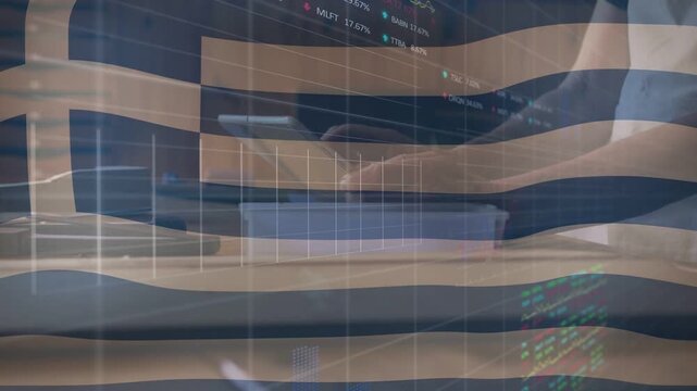 Man typing on laptop while woman holding tablet causing wavy flag and finance chart tracking funds