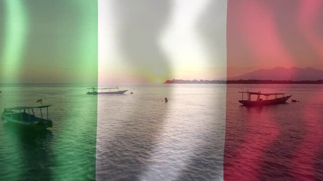 Tricolor overlay rippling over calm coastal seascape, sunlight shifting tint and boats bobbing