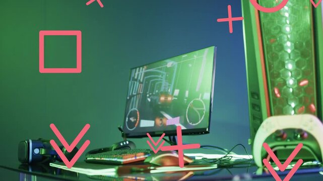 On start desktop gaming setup remaining still while pink shapes drifting over HUD to highlight UI