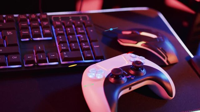 RGB pulse hitting white-black gamepad, emitting shapes floating, clustering to highlight buttons