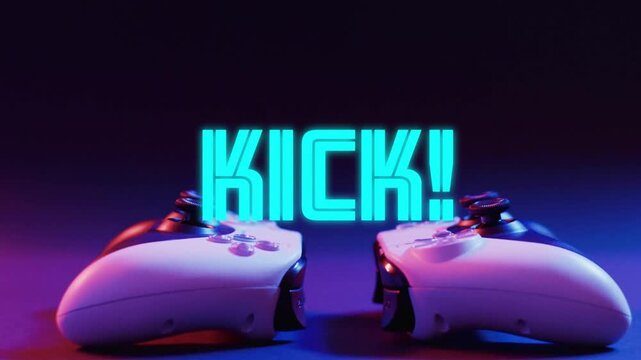 Neon 'KICK!' text animating after pause, hovering above pair white controllers to emphasize product