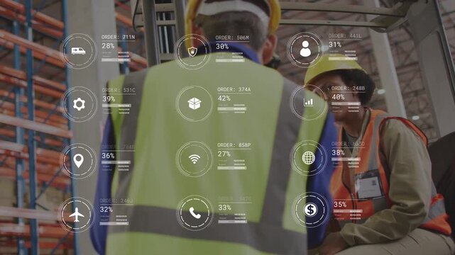 Operator and supervisor checking forklift in warehouse HUD icons rising showing logistics metrics