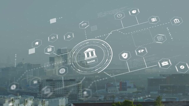 Faint HUD circle starting BANK emblem growing, hex nodes expanding, mapping urban finance
