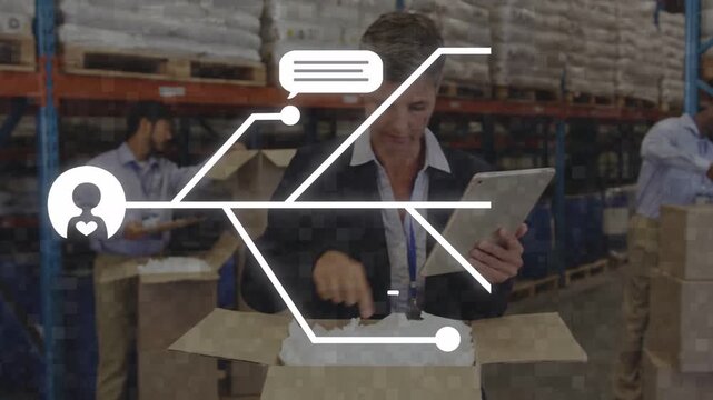 QC lead tapping tablet inspecting box in warehouse, showing AI map then fading with checks ongoing