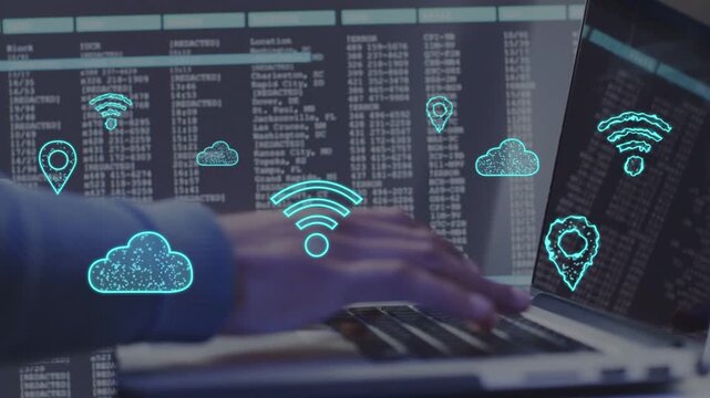 IT pro typing on laptop keyboard, visualizing Wi-Fi, cloud, location icons layering over hands