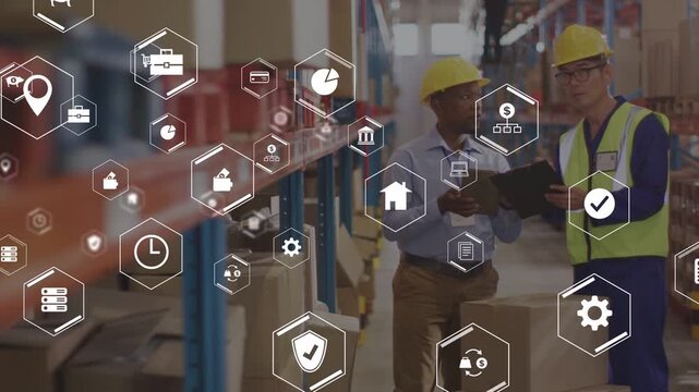 Two workers pointing at tablet, initiating inventory check as hex icons multiplying across shelves