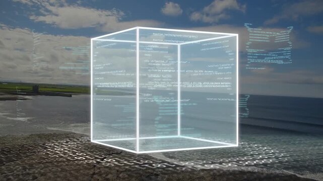 Glowing white wireframe cube fading in and rotating over coast, scrolling panels visualizing code