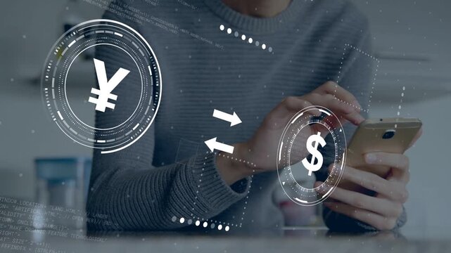 Adult male tapping smartphone on countertop, activating animated yen and dollar exchange to convert