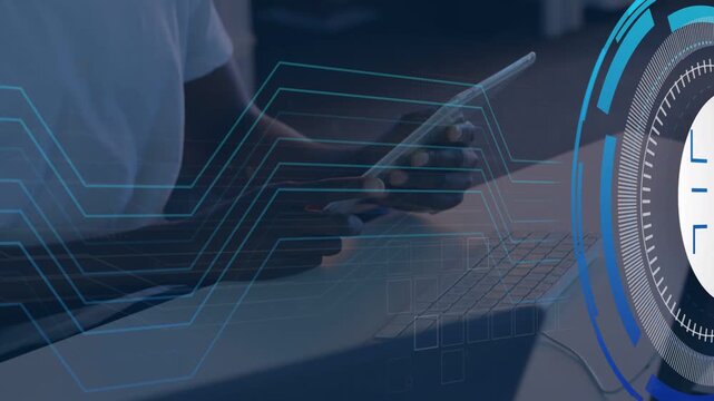 Man tapping tablet initiating cybersecurity HUD, blue data lines flowing across desk securing setup
