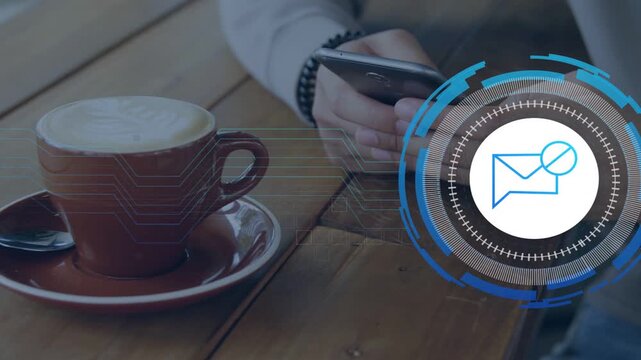 Man tapping phone, activating tech message HUD near hand, sending circuits toward cup for preview
