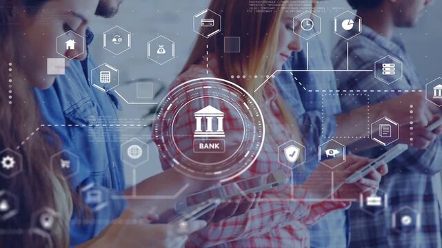 Four adults tapping devices, starting banking HUD, icons linking and exchanging data for banking