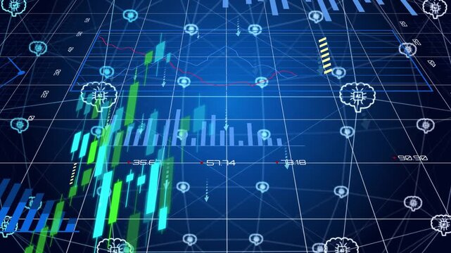 On camera tilt, 3D dashboard evolving on grid, candles rising, nodes pulsing for market insight