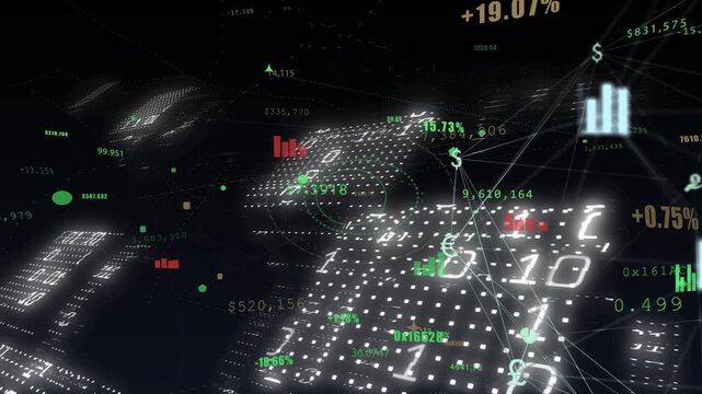 Radar overlay appearing, central 3D cluster pulsing, camera panning right revealing market shifts