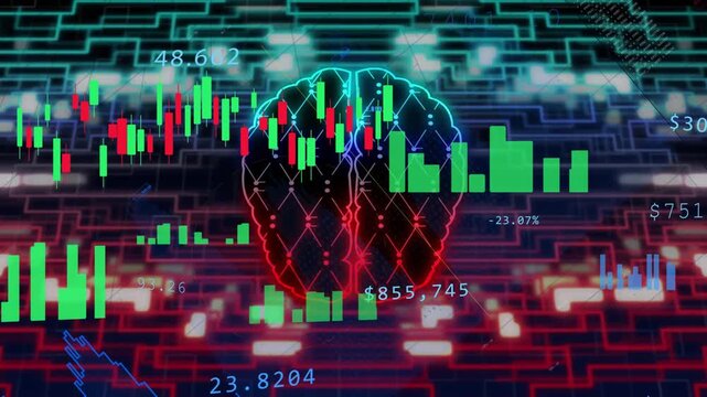 Live data starting, neon brain pulsing, candles moving, bars growing, labels updating for trends