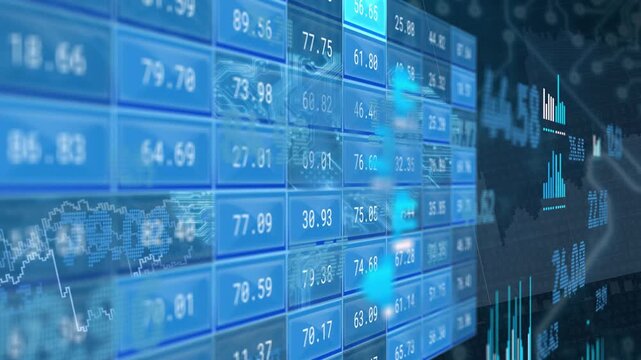 Dense financial data grid shifting, camera panning, values updating and cells pulsing showing data