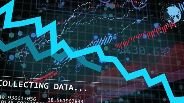 COLLECTING DATA panel appearing, HUD streaming traces, blue zigzag growing, fading for analysis