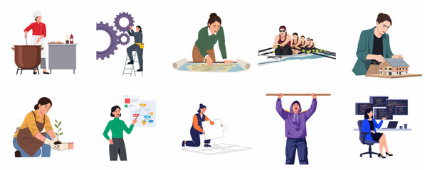 Set of Diverse Professionals and People in Various Occupations and Hobbies Flat Vector Illustration © Pixelora