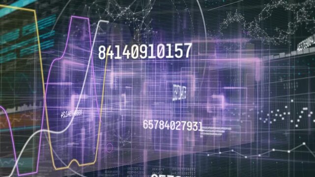 Blurred digits moving, resolving into purple wireframe pulsing, updating, showing live charts
