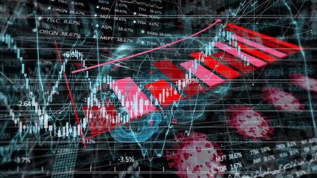 Incoming red blocks entering from right, finance dashboard shifting, updating labels to show trend