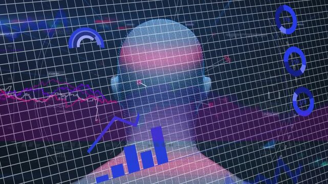 Purple band widening, digital head rotating as charts and icons sweeping, forming analytics scan