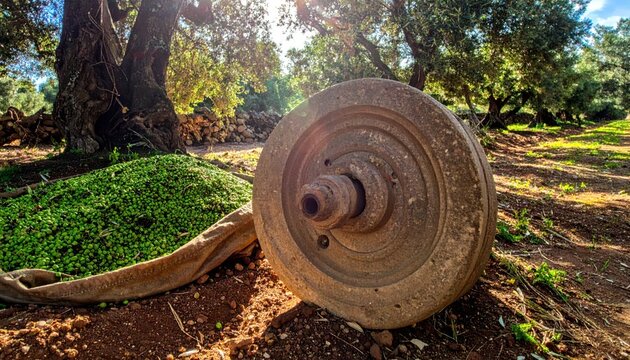Ancient stone wheel for crushing olives rests near harvest in sunlit orchard