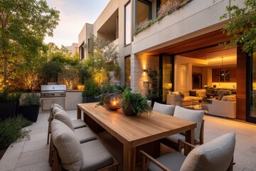 Fototapeta premium Tranquil luxury patio dining area with natural textures, greenery, and a welcoming seating arrangement