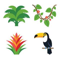 Tropical jungle elements featuring a toucan bird and vibrant exotic flora set transparent png © naydesignsco
