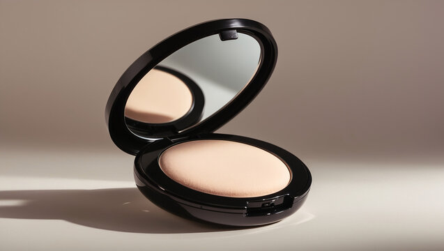 A compact powder makeup case with a mirror on a beige background