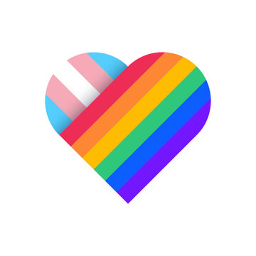 LGBTQ+ Pride Heart Symbol. Love Heart Shape with LGBTQ Pride Flag and Transgender Flag Colour Stripes. Isolated Vector Illustration. 