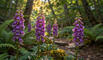 Obraz premium Purple foxgloves stand tall in a mossy forest. Ferns and dappled sunlight surround the scene. Deep green foliage adds texture and depth. Natural light filters softly through the trees
