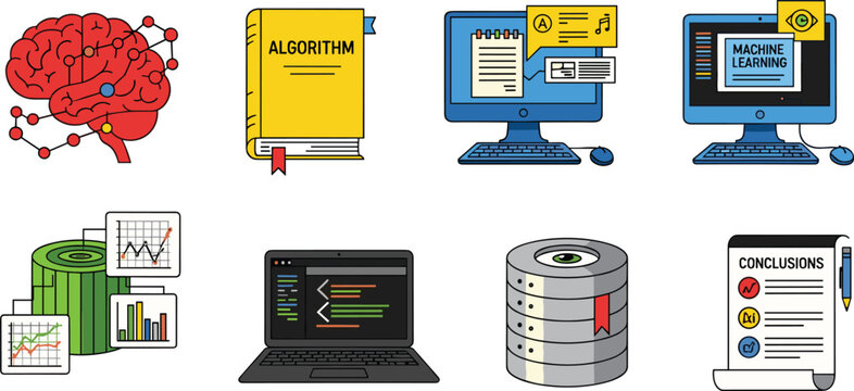 Machine Learning and AI Technology Icon Set with Brain, Algorithm, Computer, Database, and Data Science Symbols for Tech Designs