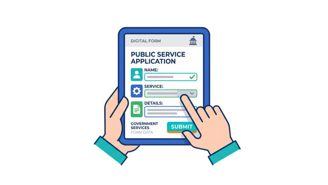 Vector illustration of two hands completing a digital public service application form on a tablet with name, service, and details fields.