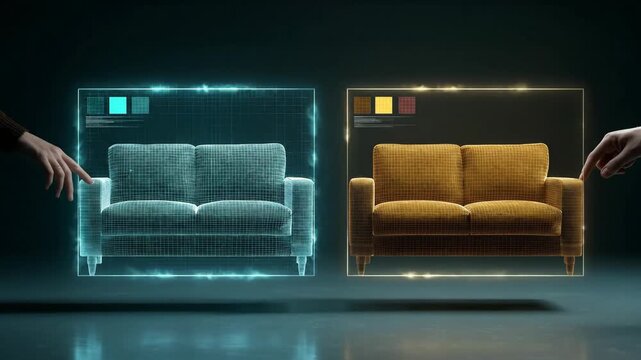 Person using virtual interface to customize furniture color. Digital holographic projection of couch for interior design. Future interactive technology for home.