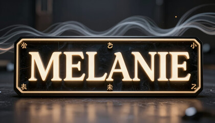 Obraz premium Leuchtendes Namensschild mit dem Namen MELANIE in goldener 3D-Optik auf dunklem Hintergrund