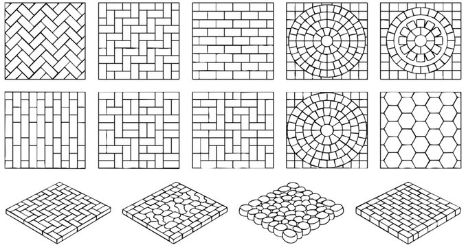 Collection of diverse paving stone patterns featuring various geometric arrangements for architectural and landscape design projects