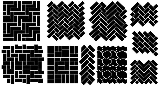 Set of various geometric paving patterns showing different brick layouts for landscape architecture and construction design