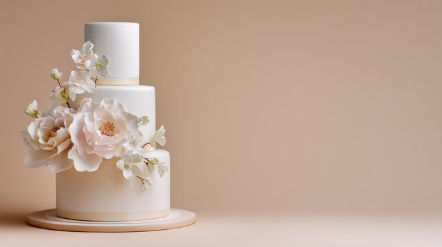 A beautiful three-tiered wedding cake decorated with delicate pink and white flowers, ready for a celebration
