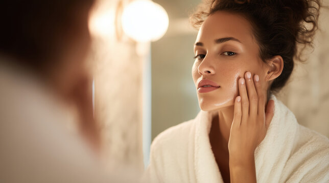 Close-up of woman wearing bathrobe examining her skin in mirror while touching cheek in warm light
