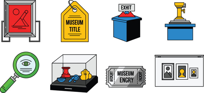 Museum and Exhibition Icon Set Featuring Exhibit Signs, Display Cases, Magnifying Glass, and Museum Tickets for Art and Culture Designs