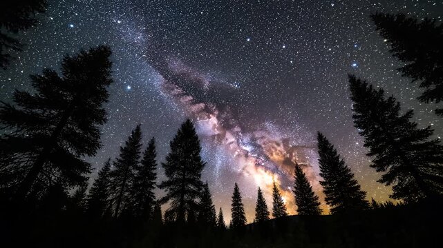 Majestic Milky Way Galaxy Over Silhouetted Pine Forest at Night.
