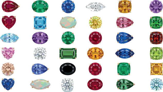 Gemstone Illustration Set Featuring Various Cuts and Colors for Jewelry, Luxury, and Fashion Design Themes