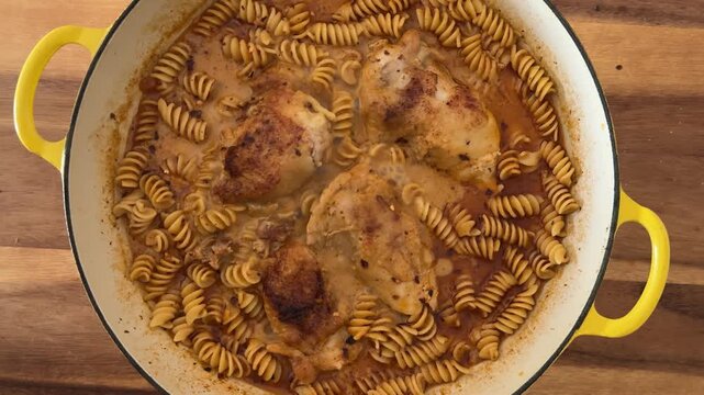 Pan of Tuscan Sun Dried Tomato Chicken with Pasta Shot From Above