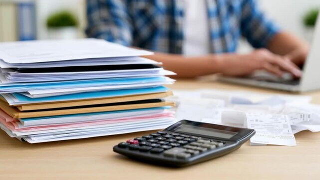 Messy desk with calculator and tax documents with a blurred man in the background filling out his tax return on laptop