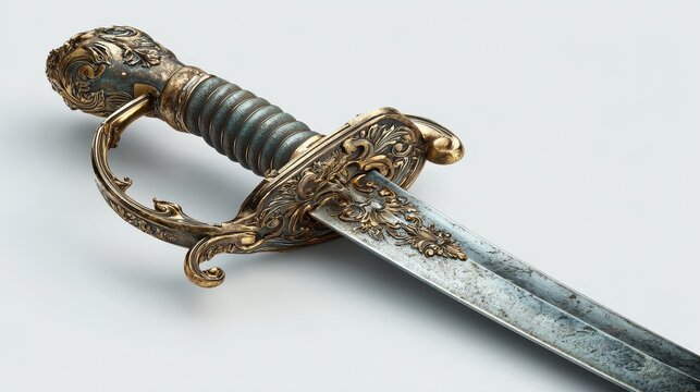 Metallic pirate weapon: cutlass with etched blade and crossguard on white surface