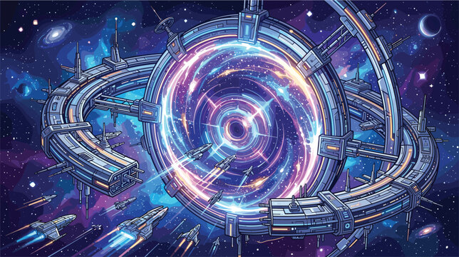 Enormous intergalactic space station featuring a glowing energy portal as spacecraft navigate through its massive rotating rings.