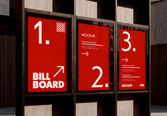 Three Vertical Billboard Posters in Urban Architecture Scene Mockup