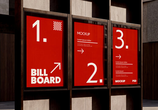 Three Vertical Billboard Posters in Urban Architecture Scene Mockup
