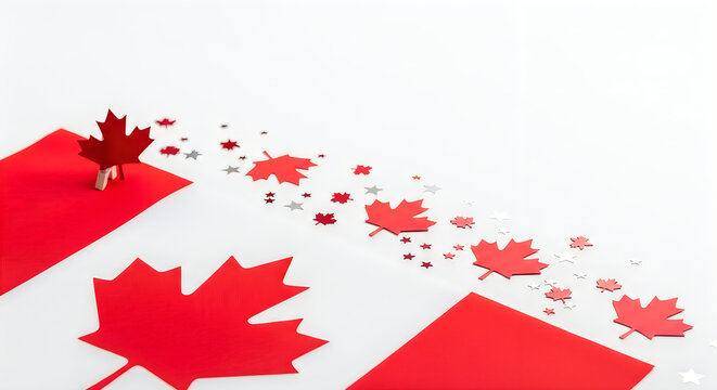 Scattered red maple leaves and stars on a red carpet with a person walking
