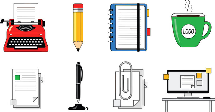 Office and Writing Icon Set Featuring Typewriter, Pencil, Notebook, Coffee Mug, and Paperwork for Business and Creative Designs